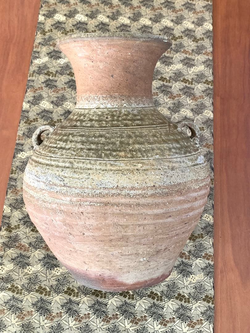 灰釉陶の持ち手付き壺 木箱付き 漢時代灰釉双耳壷花入れ