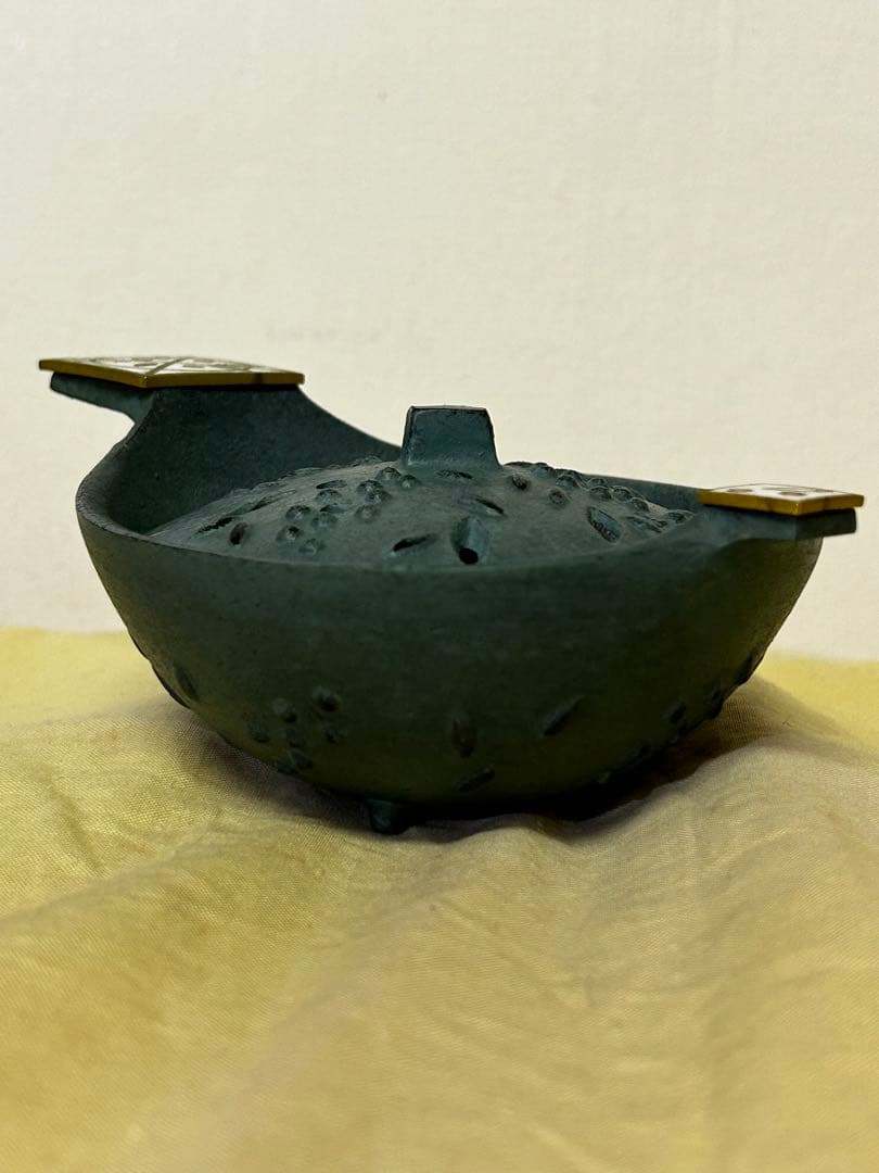 1989年製 石黒 鏘ニ 作 青銅製 手付 香炉「南天」