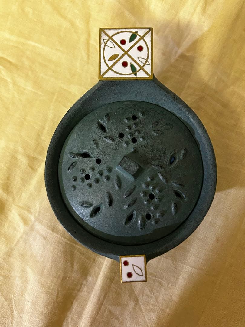 1989年製 石黒 鏘ニ 作 青銅製 手付 香炉「南天」