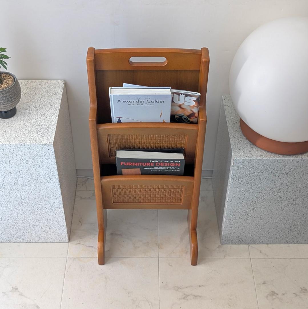 オールドカリモク ビンテージ マガジンラック 2段 ウッド×ラタン 美品