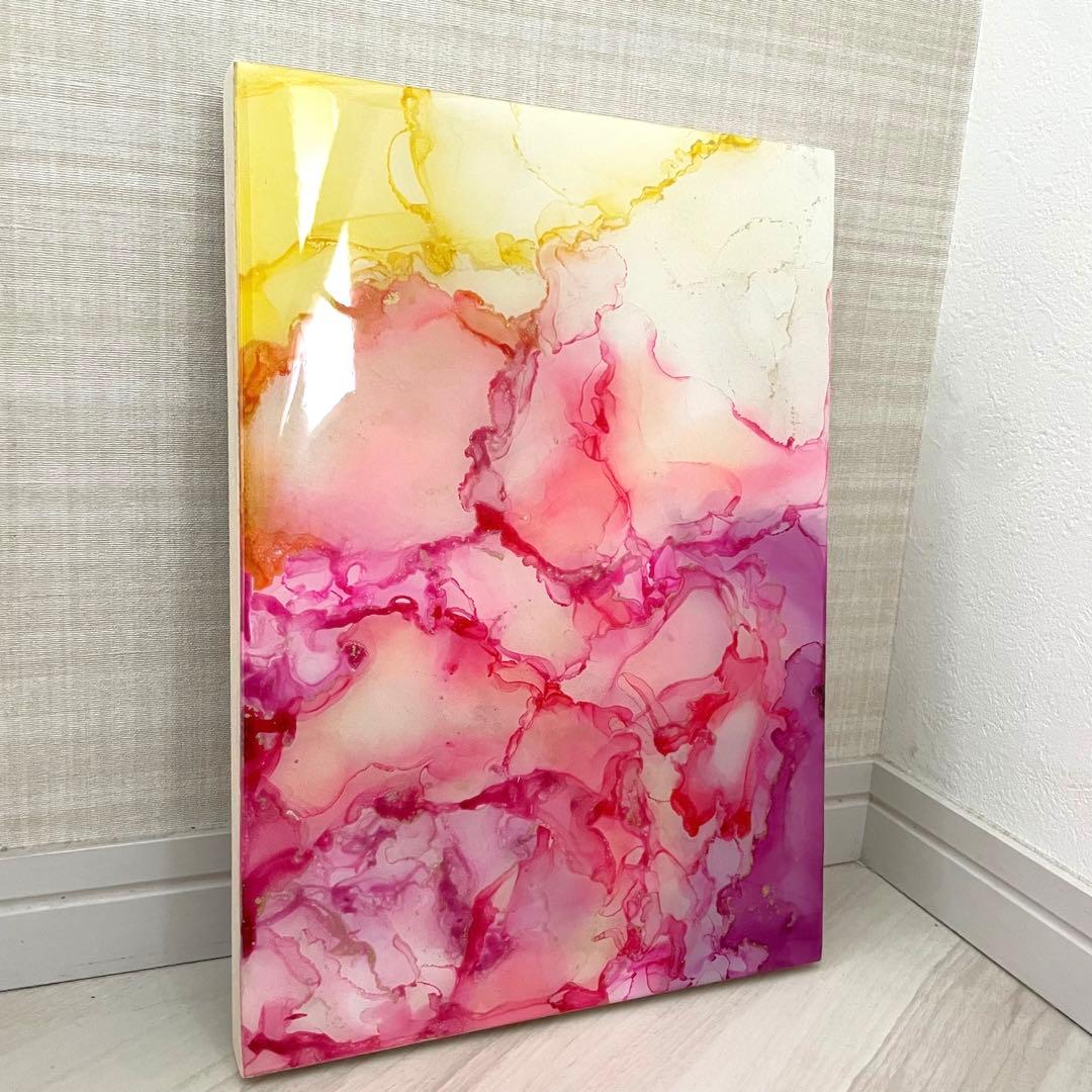アルコールインクアート　ピンク　紫　黄色　レジン　パネル　木製　29.6×21