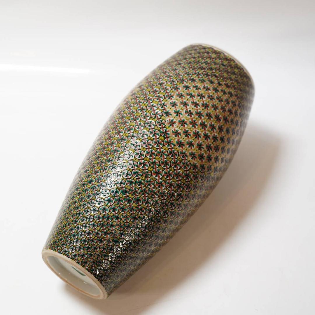 NA3410 九谷焼 北出塔次郎作 錦繍手更紗図 花生 高さ28.5㎝ 2重共箱