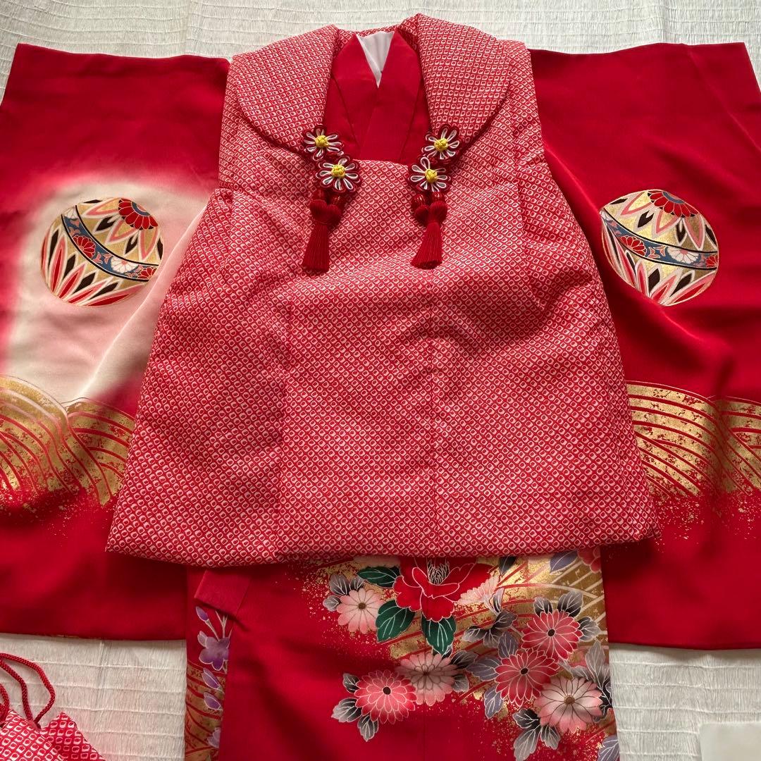 七五三 3歳 着物 絹 被布 絞り柄 三歳 赤 草履 753 巾着