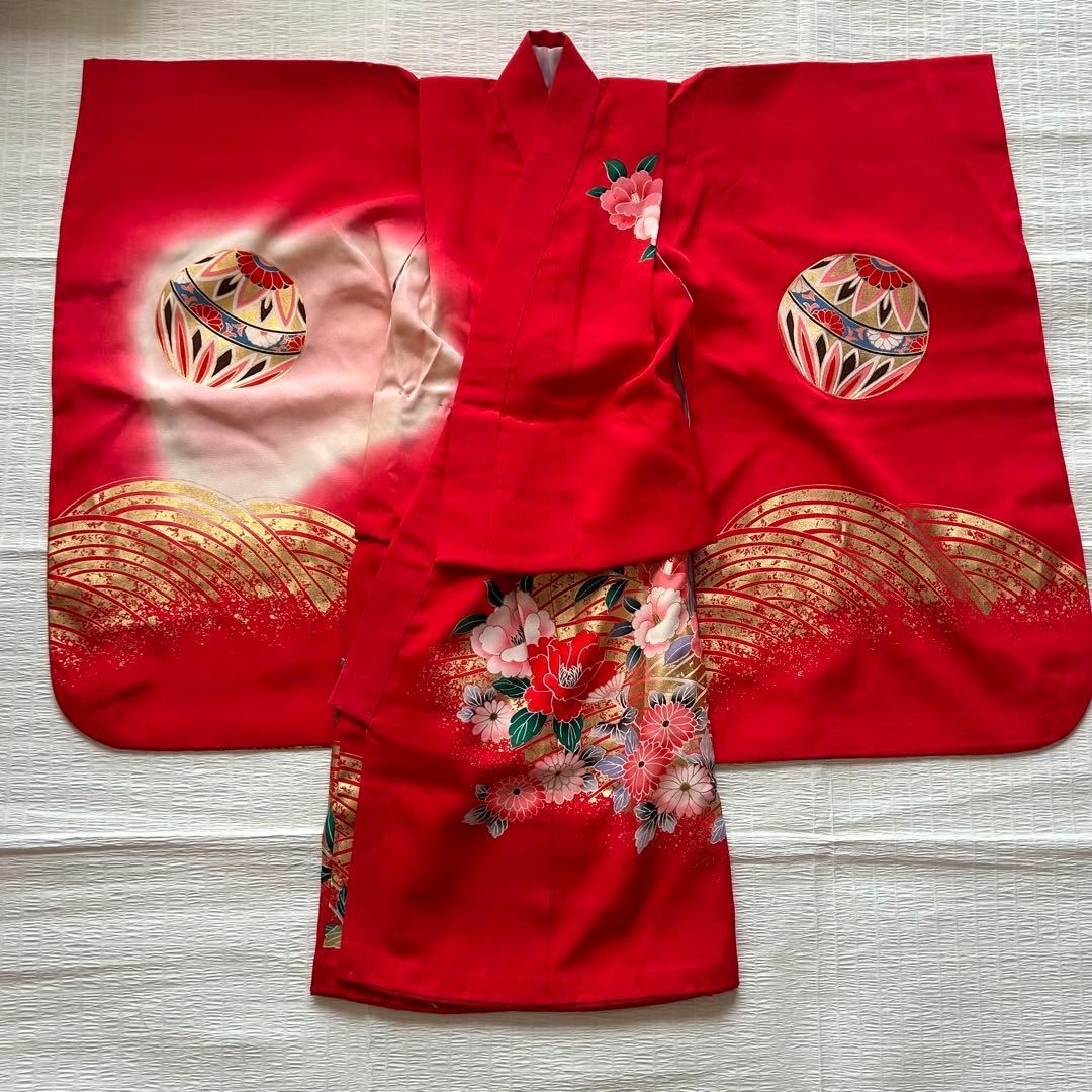 七五三 3歳 着物 絹 被布 絞り柄 三歳 赤 草履 753 巾着