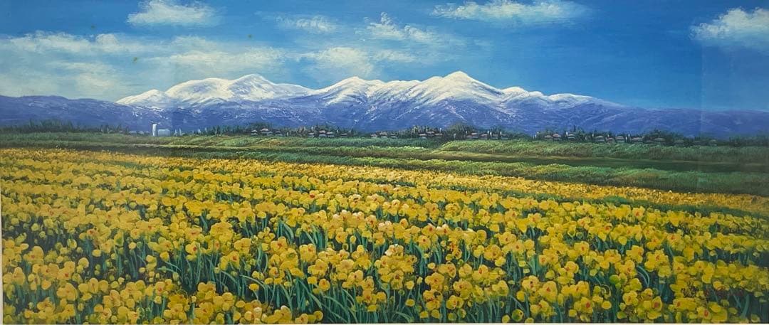 真作　油彩　流月真一　水仙と飯豊山　風景画　肉筆　油絵　額装