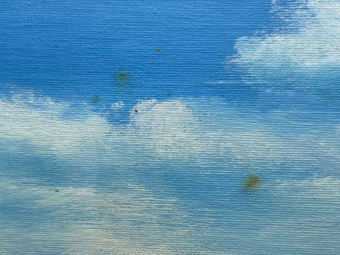 真作　油彩　流月真一　水仙と飯豊山　風景画　肉筆　油絵　額装