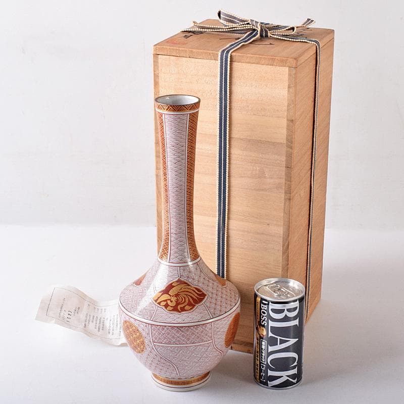 九谷焼　西野昭弘作　昭月造　本金赤細書小紋　鶴首花瓶　共箱　V　R8332B