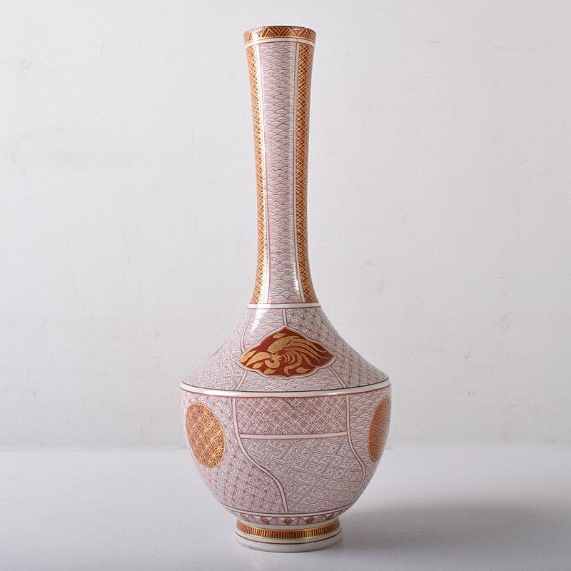 九谷焼　西野昭弘作　昭月造　本金赤細書小紋　鶴首花瓶　共箱　V　R8332B