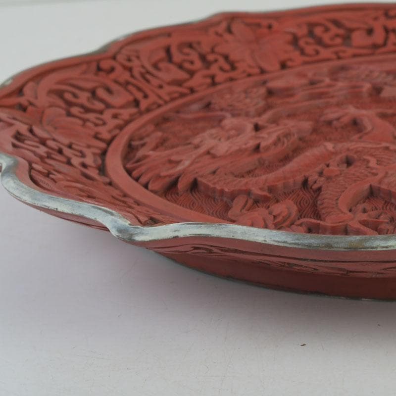 中国　剔紅　堆朱　雲龍文盤　輪花皿　飾皿　皿立付　M　9776