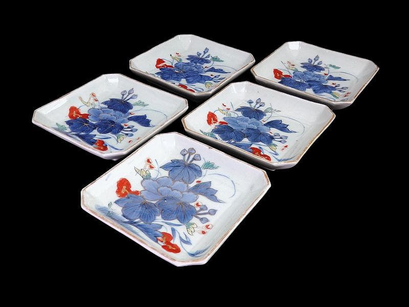 古伊万里　染錦　牡丹の図　角皿　５枚　131AS-CWz