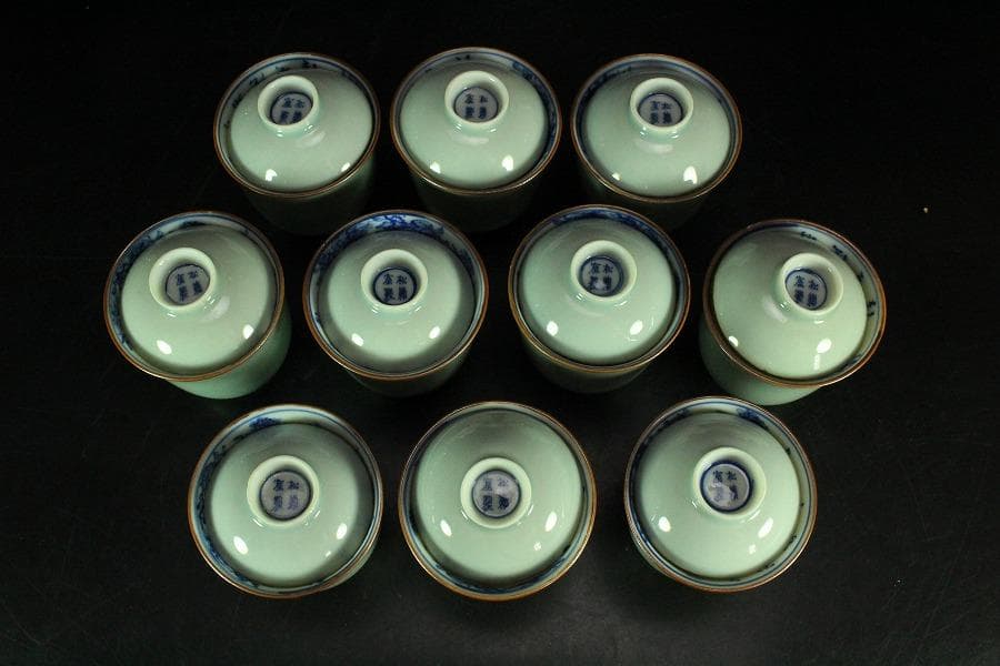 豆青釉 内青花 草花紋 蓋碗 十客(K-A747)