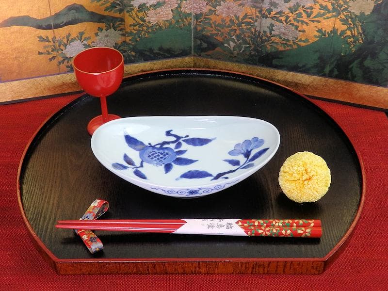 古伊万里　石榴に桜の図　舟形変形皿　AS-CVx