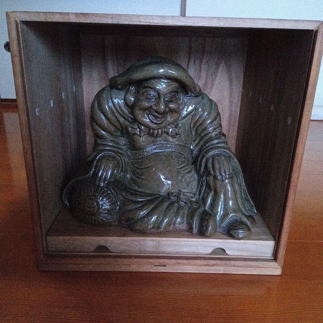 【古萩】青釉 大黒天 置物【三輪窯3代作】人間国宝 三輪休和(休雪)極め