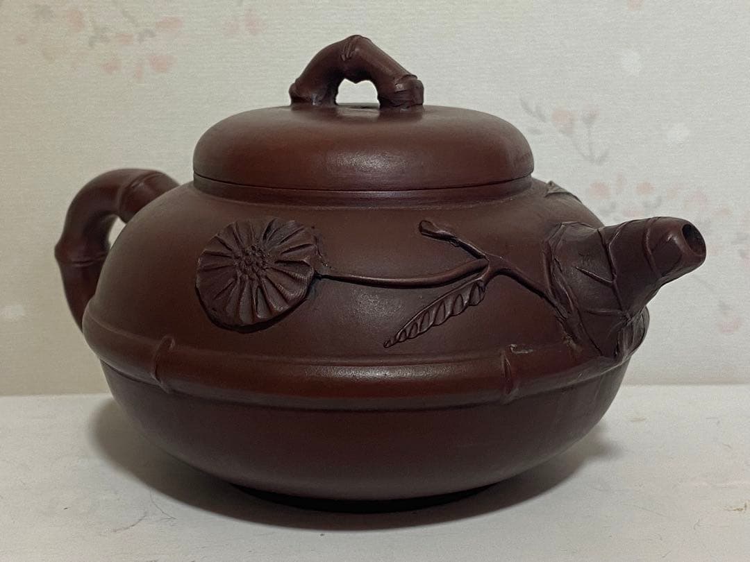 ♦中国？紫泥 梨地 紫砂 竹節 浮き彫り文様 茶壺？宜興窯 煎茶 茶道具 骨董品