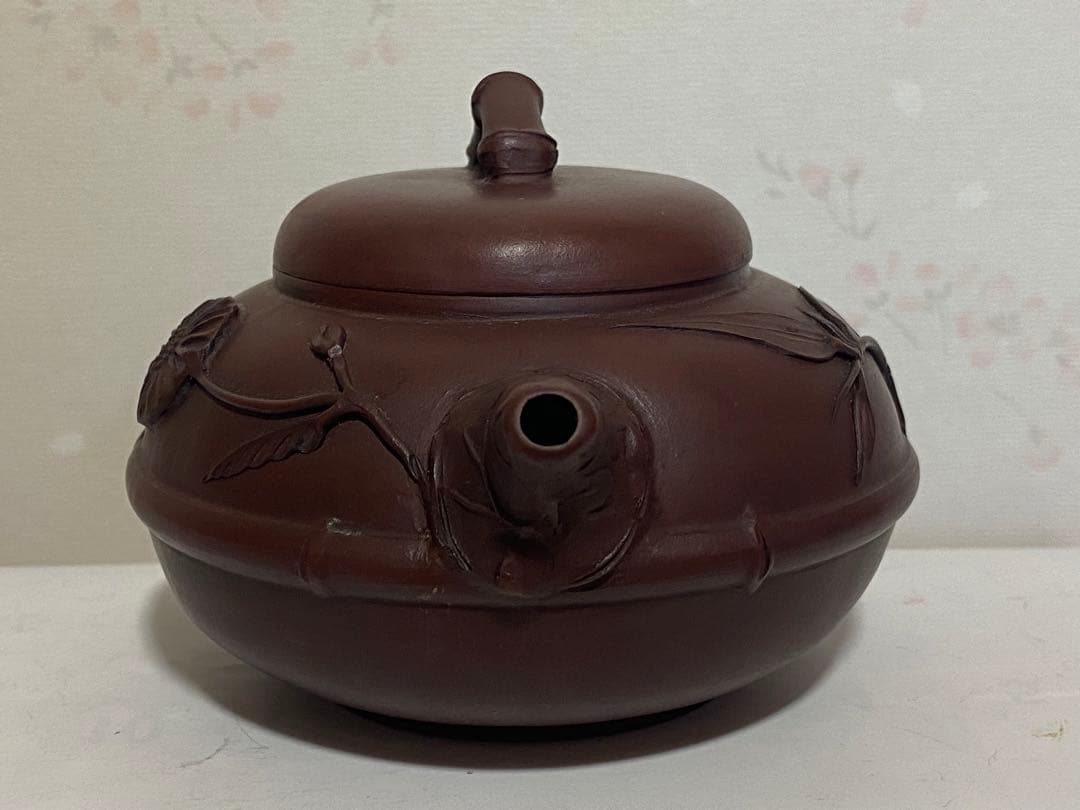♦中国？紫泥 梨地 紫砂 竹節 浮き彫り文様 茶壺？宜興窯 煎茶 茶道具 骨董品
