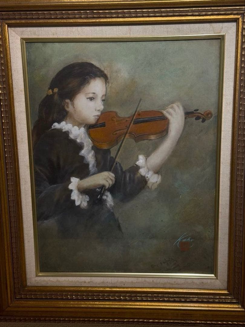 リアリズム　【ヴァイオリンを奏でる少女】肉筆画　直筆サインあり作者不詳