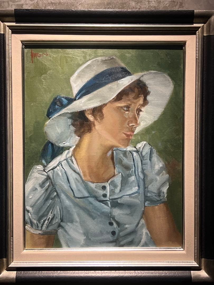 他の人発送×中村英夫【夏の日白い帽子の婦人】肉筆油彩画