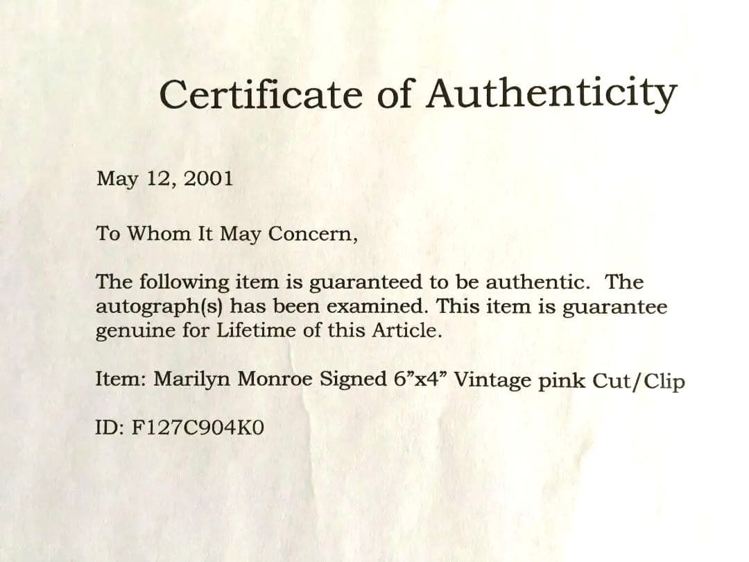 マリリン・モンロー（Marilyn Monroe） 　直筆サイン　額縁