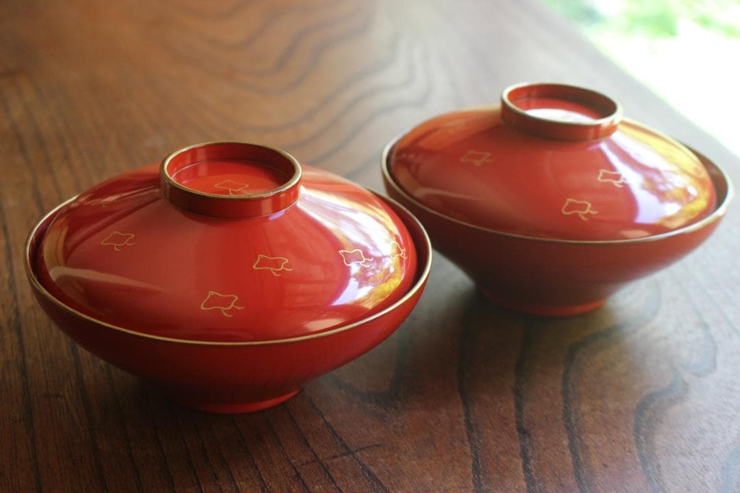 デッドストック！極上金縁朱漆に優美な波千鳥蒔絵のお椀2点（検輪島塗蒔絵椀雑煮椀