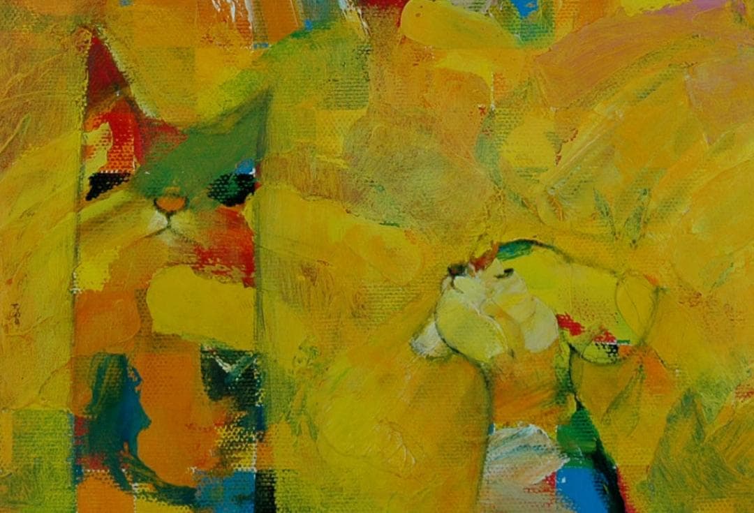 油絵 菅家令子 絵 絵画 インテリア 額付(白) uF6-071119 子犬と猫