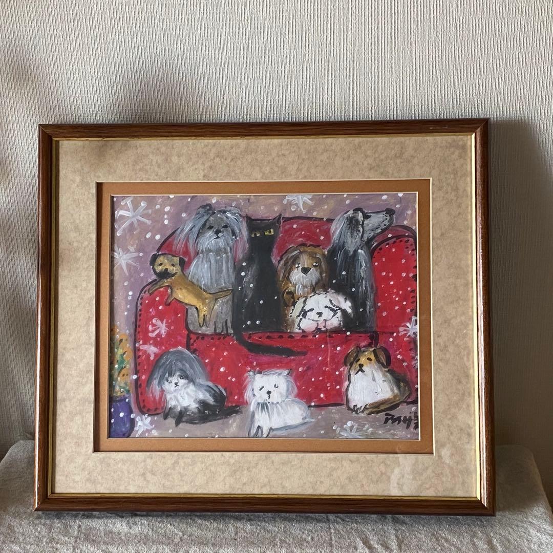 絵画。原画手描き【雪が降る冬、かわいい犬と猫の楽しい写真記念】