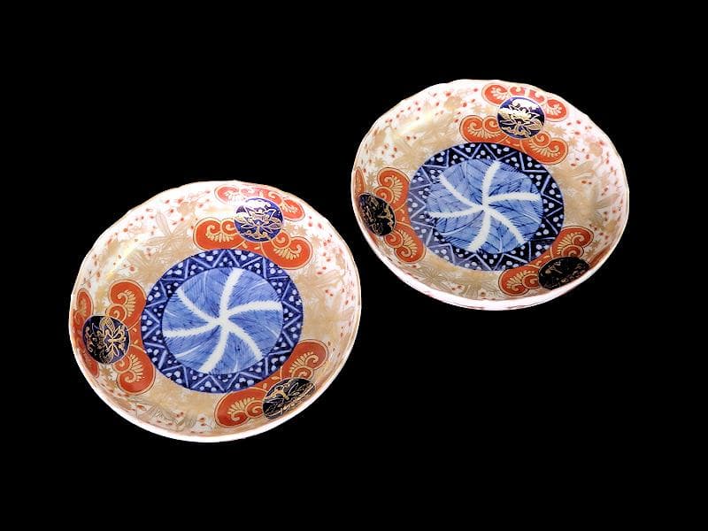 古伊万里　金襴手　松竹梅に花の図　４寸皿　２枚　E774AS-CPv