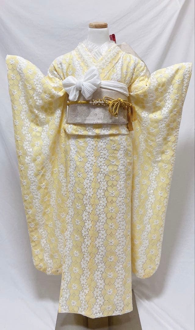 レース花柄 黄色 振袖　振袖フルセット　振袖 成人式　　振袖セット