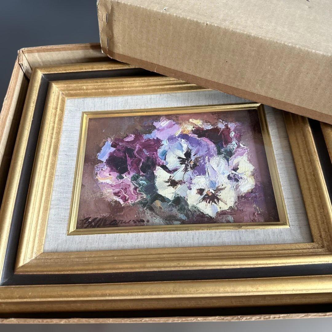 瞬間的お値下げ‼️とても素敵なパンジーの花の油彩画 ゴールドフレーム丸茂義輝