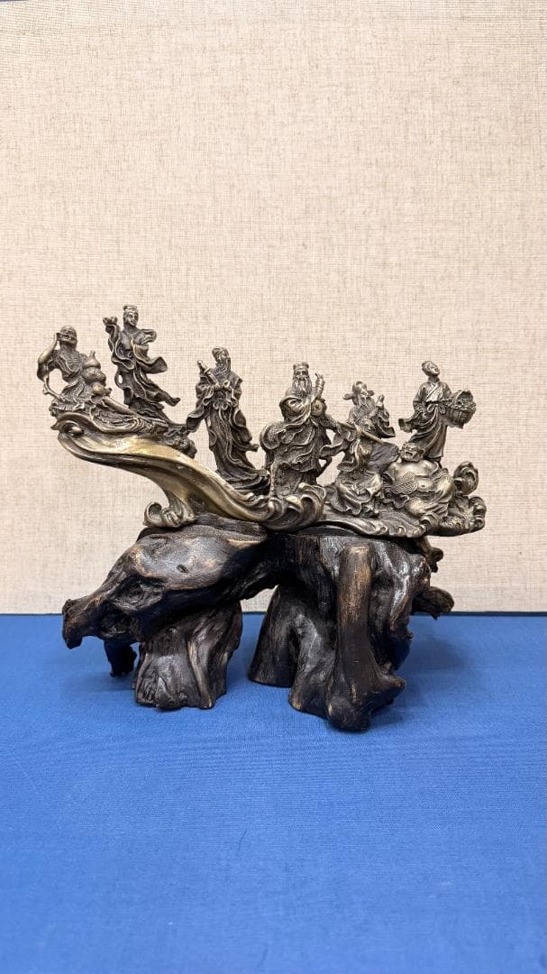 八仙過海 銅製立体群像｜天然木根台座｜実測重量3.86kg｜全高約26cm