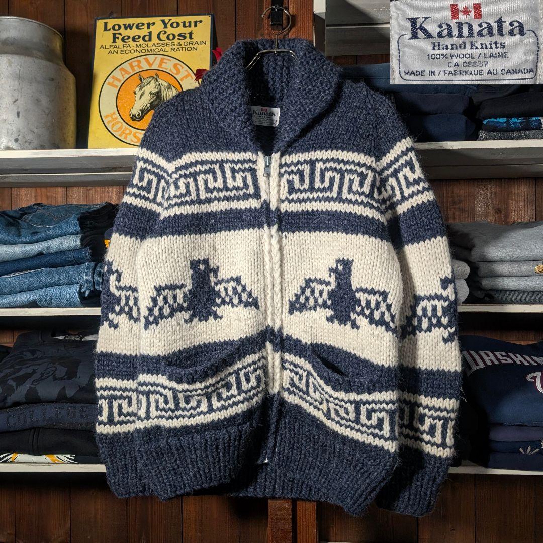 80s 90s　カナダ製　KANATA　イーグル柄　カウチンニット　ジップアップ