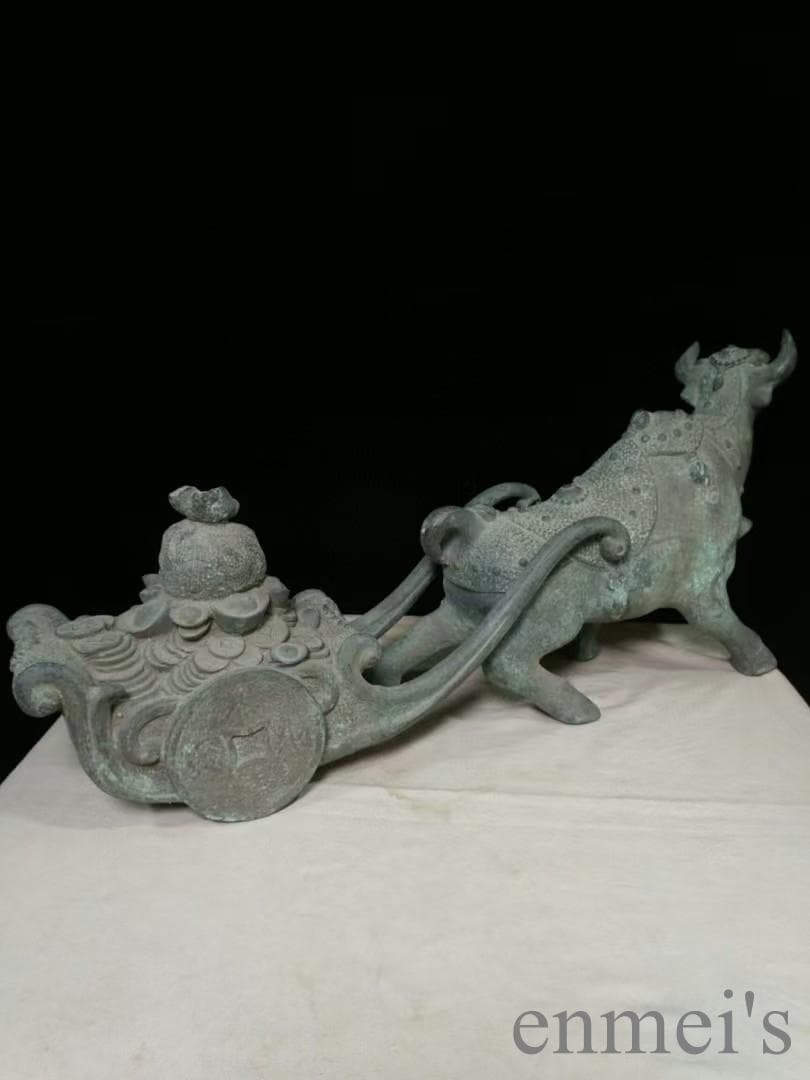 中国古美術 銅製 風水置物 牛拉元宝 開運 招財 五行財神 風水銅器 吉祥置物