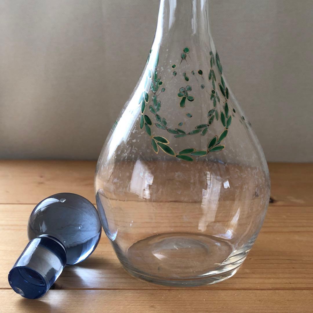 古いデカンタ　ガラス瓶　植物柄　フランス　アンティーク　デキャンタ　no.154