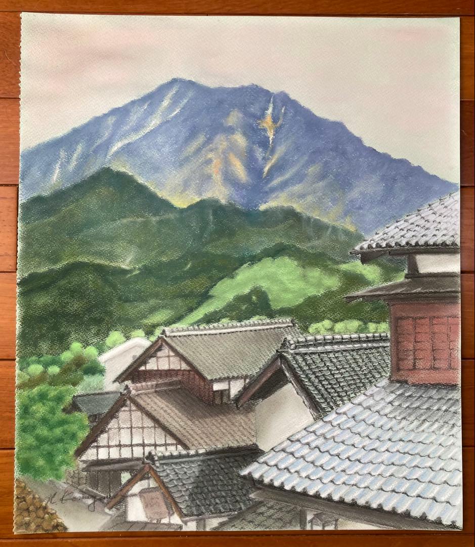 妻籠の宿　銀鼠の甍と恵那山　 パステル画