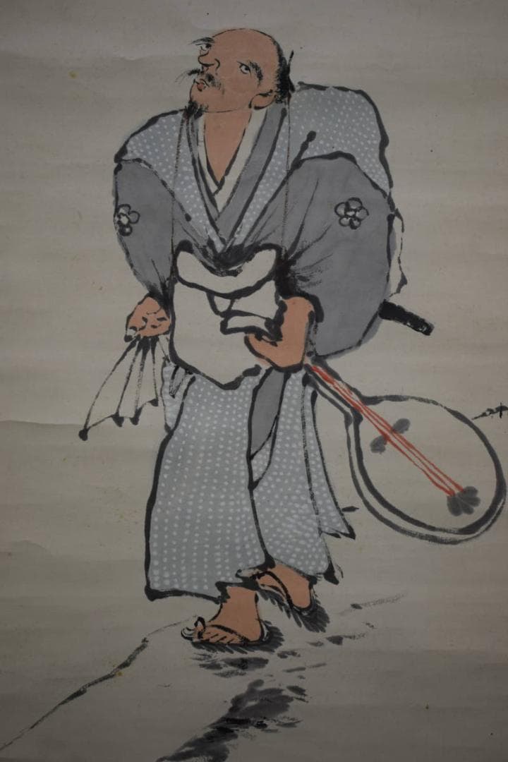 真作/桜松園/櫻松園/富士に人物画賛/絹表装/桐箱二重箱付/布袋屋掛軸HI-32