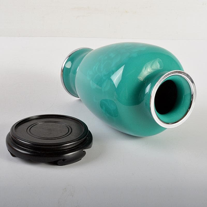 七宝焼　翡翠釉　牡丹文　花瓶　唐木台付　時代箱　C　6690