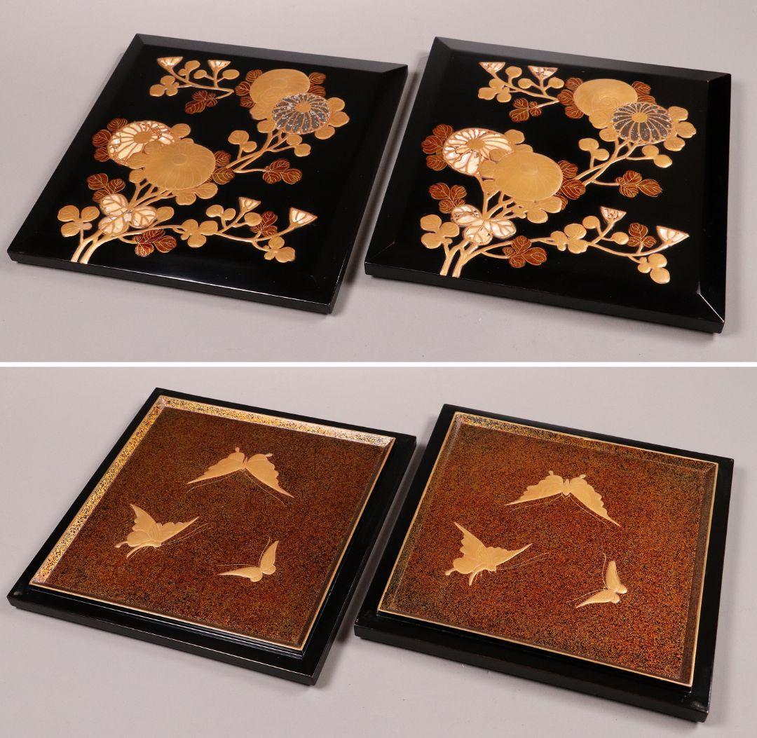 専用 MA24 時代木製漆器 光琳蒔絵 五段重 重台 菊蝶金銀蒔絵 螺鈿 黒塗