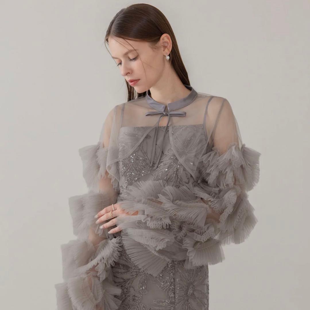 【Leja】フリルチュールスリーブリボン｜ラインワンピースドレス