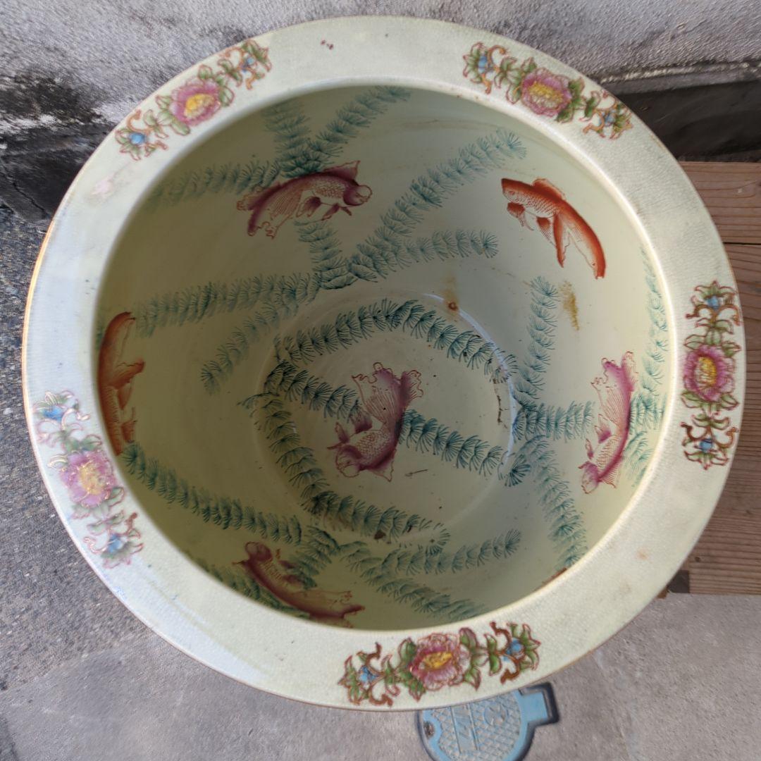 骨董 睡蓮鉢 水鉢 金魚 めだか 色絵 鉢 鉢カバー テーブル アンティーク