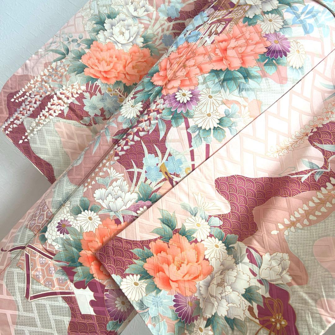 481 振袖フルセット 正絹 薄ピンク 薄桃 金彩 華やか 御所車 藤 牡丹 梅