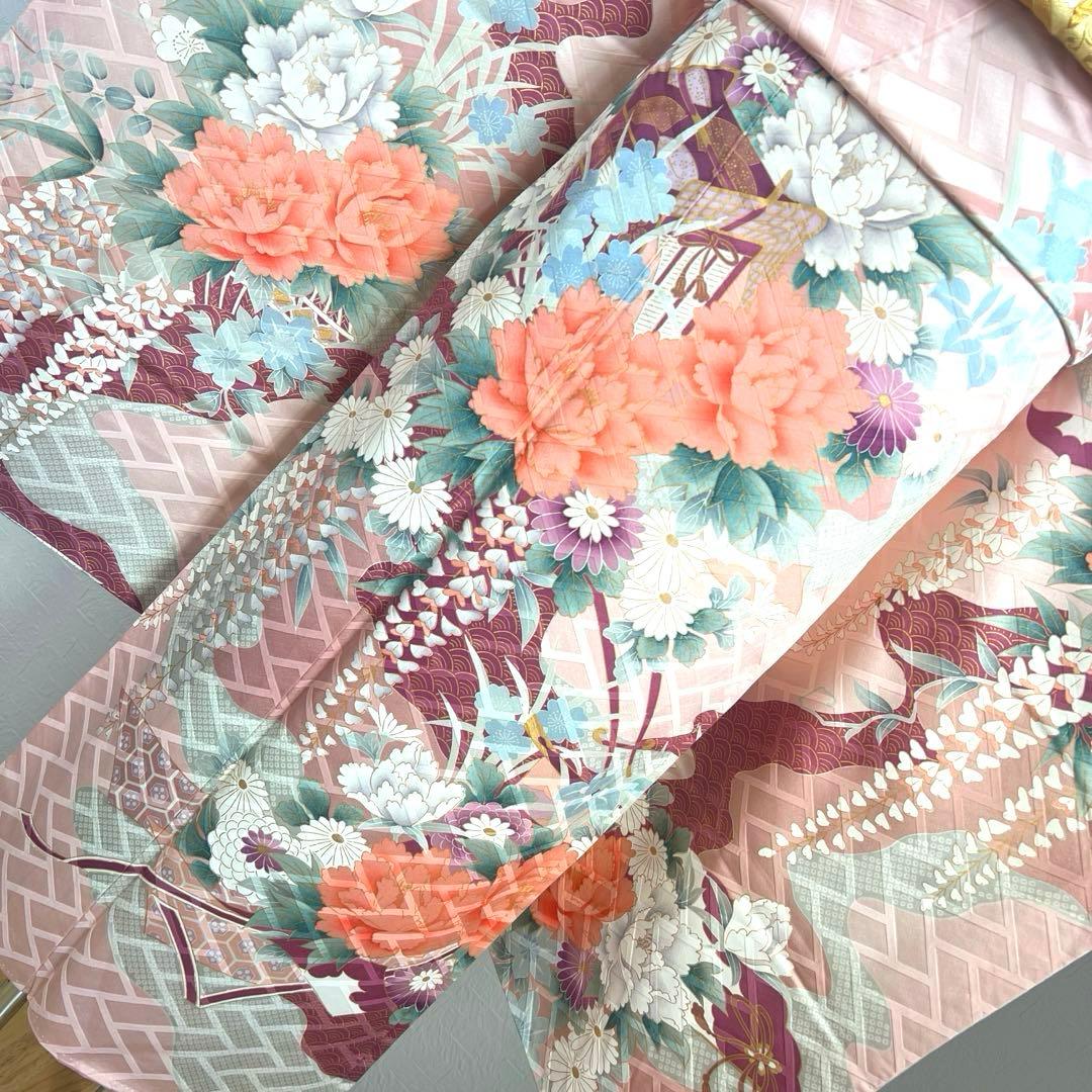 481 振袖フルセット 正絹 薄ピンク 薄桃 金彩 華やか 御所車 藤 牡丹 梅