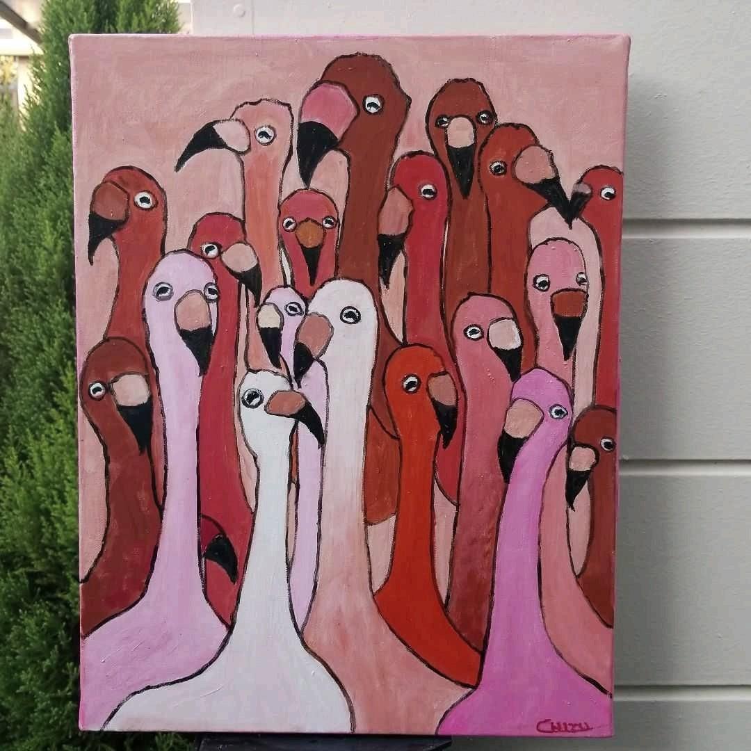 油絵　マミ　仲良く集まる首の長い鳥たち　密は楽し