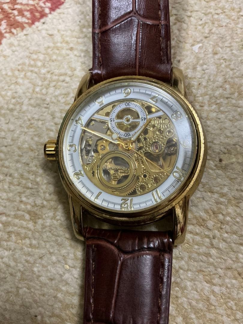 自動巻き 腕時計 スケルトン ゴールドケース レザーベルト 稼働品 現状品