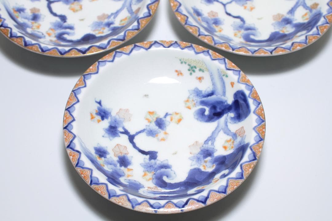 明治期 有田焼『江上製(江上熊之助)』染錦紅葉図 上手五寸皿 三客揃
