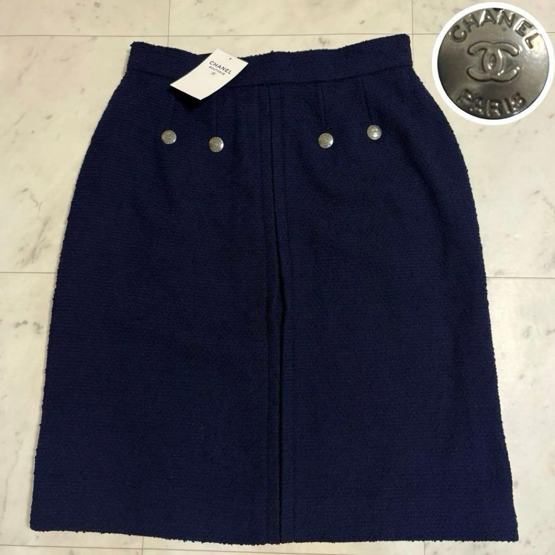 【未使用 タグ付き】CHANEL ココマーク ツイード スカート ネイビー 40