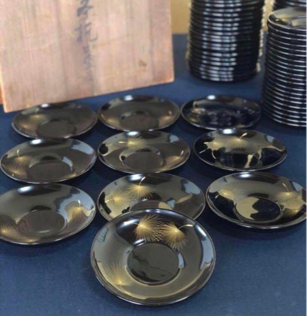 《レ》輪島塗 黒塗沈金飛花の図 茶托10客 小西啓介作 251030う2