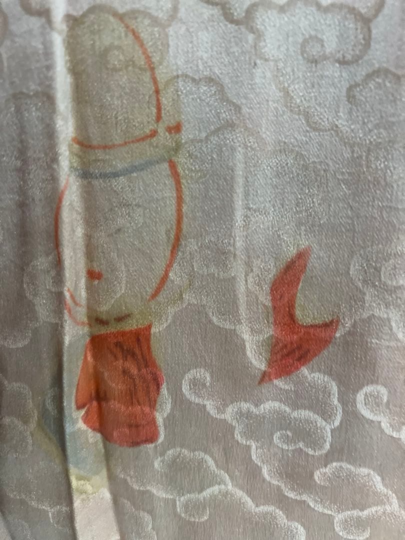 5303◆古布時代古裂アンティーク長襦袢朱色絞り染雲織柄赤に扇面松コレクションに