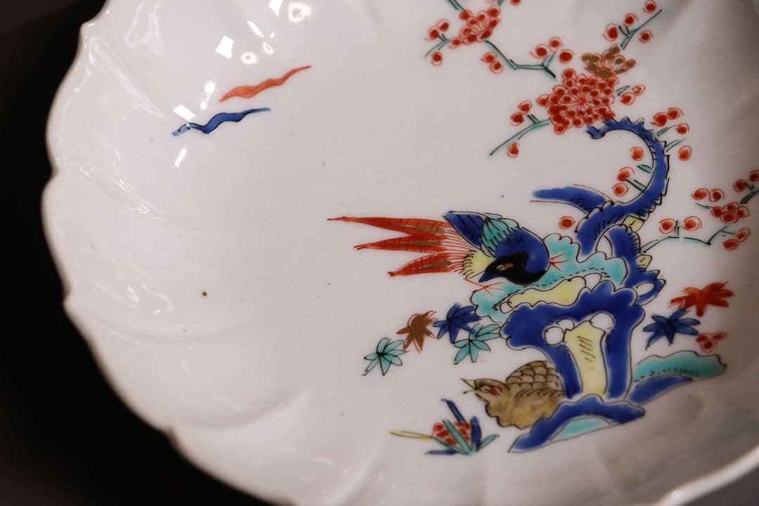時代 柿右衛門様式 古伊万里 花鳥 輪花色絵皿九客 なます皿 向付 MA318