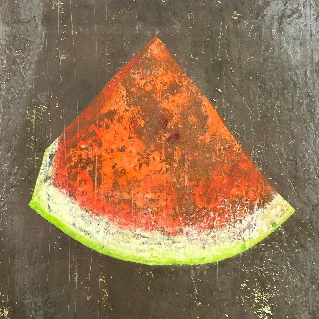 美品 来野月乙「西瓜」染色絵 共シール有 直筆サイン入 立体額 京都の染色作家