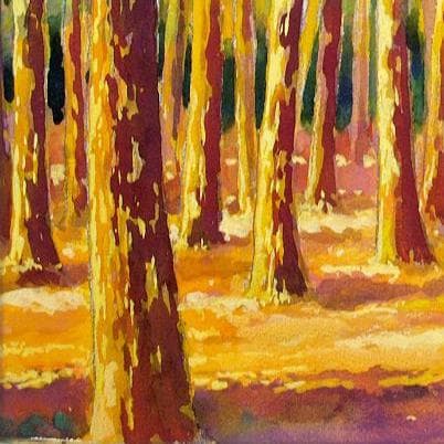 絵画「夕日を浴びて～ 森の散歩道」　水彩画