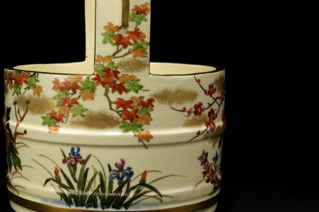 時代 薩摩焼 金彩色絵 花卉紋 手桶 水指 煎茶道具